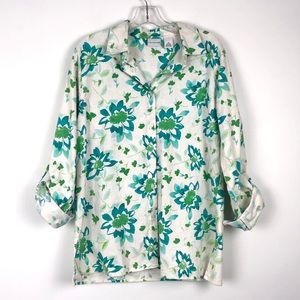 Kim Rogers Linen & Cotton Floral Button Down Top with Roll Tab Sleeves